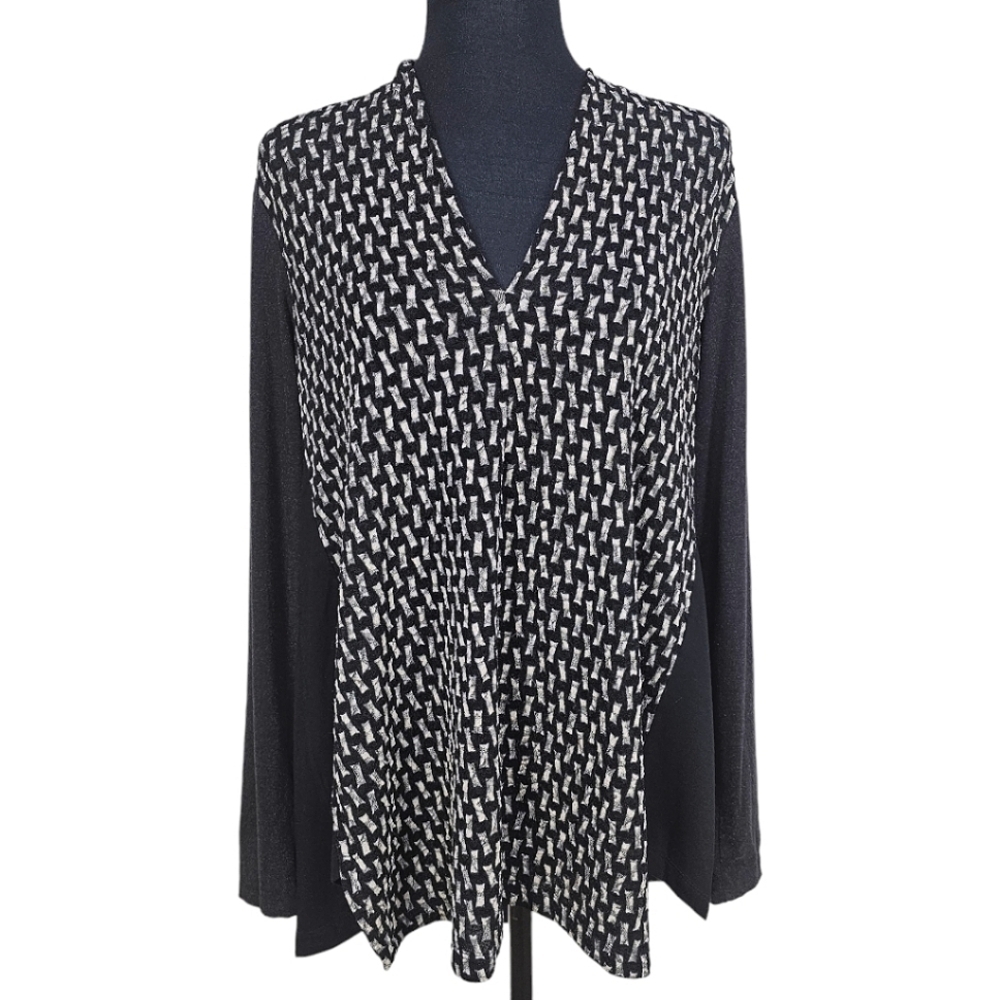 Alembika Black Printed Top Sz Large Black V-Neck Viscose Blend Long Sleeve Casua